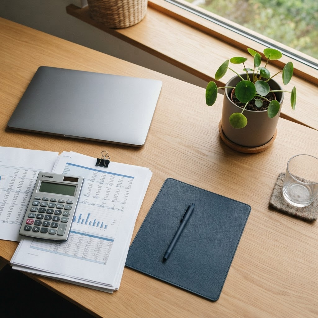 Neatly organised financial documents, a calculator and a laptop on a desk