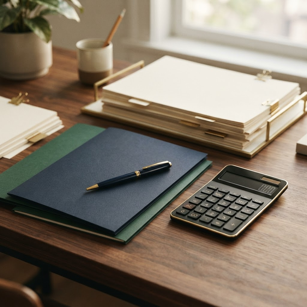 Organised tax folders, a pen and a calculator on a desk
